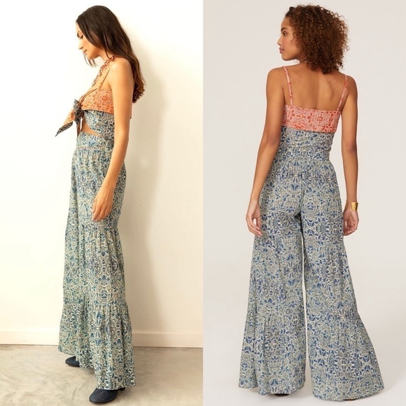 CAROLINA K Paisley Organic Cotton High Rise Flowy Ruffle Flared Wide Leg Pants M - Picture 2 of 8